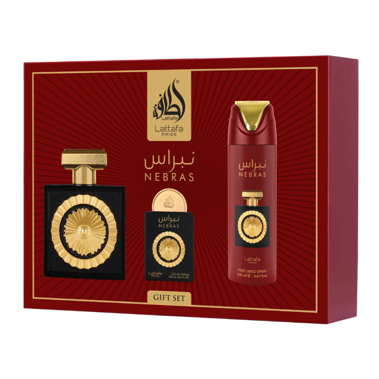 Nebras-Lattafa-Pride-3-Piece-Gift-Set-Prix-Maroc.webp Coffret Nebras Lattafa Pride 100ml | Parfum Femme Gourmand - Image 1